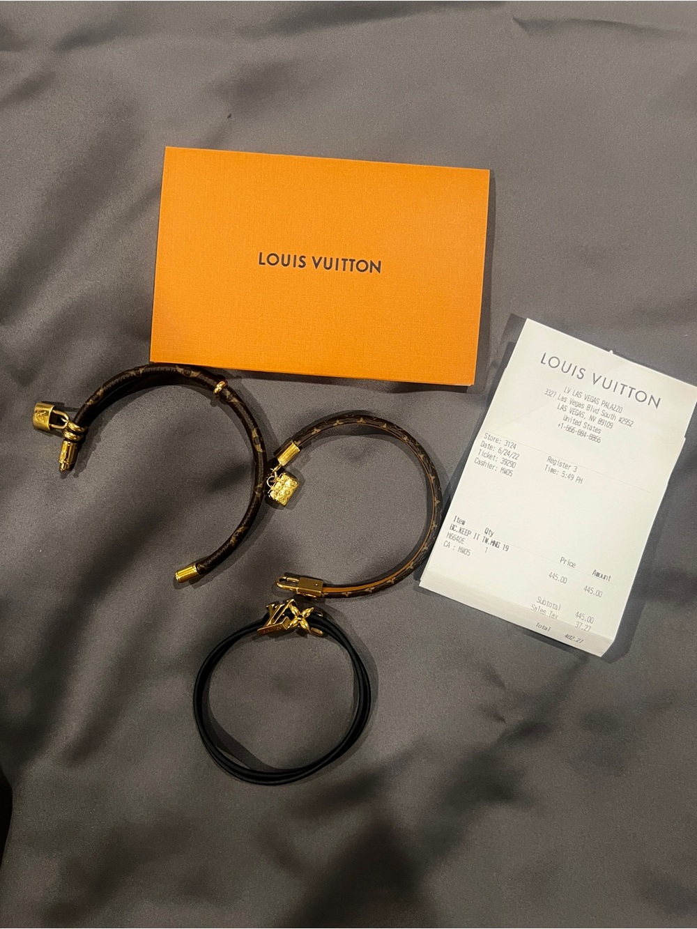Louis Vuitton Brown Monogram & Black Leather Bracelet Set with Gold Hardware